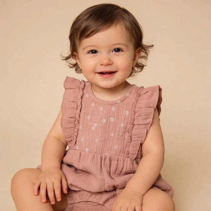 Makemake Organics Embroidered Ruffler Romper - Clay