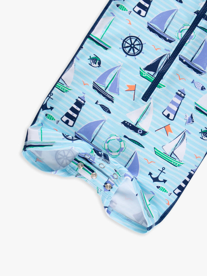 RuffleButts + RuggedButts Long Sleeve One Piece Rash Guard Swimsuit - Blue Sweet Sails