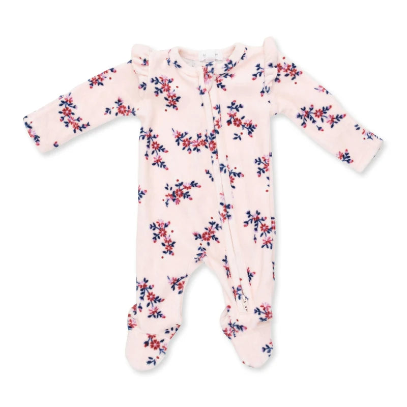 Angel Dear Nora Floral Velour - 2 Way Ruffle Sleeve Zipper Footie