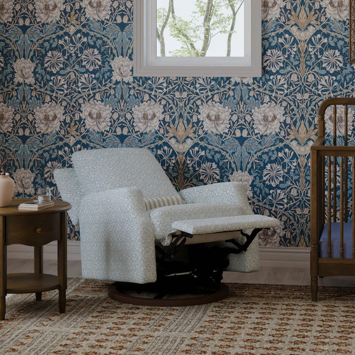 Namesake Crewe Recliner and Swivel Glider in Bellflowers in Powdered Blue w/Dark Wood Base