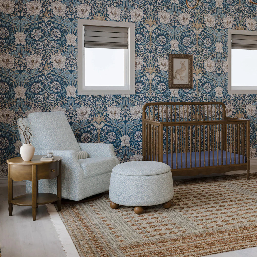 Namesake Crewe Recliner and Swivel Glider in Bellflowers in Powdered Blue w/Dark Wood Base