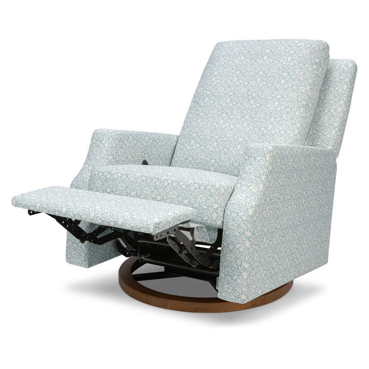 Namesake Crewe Recliner and Swivel Glider in Bellflowers in Powdered Blue w/Dark Wood Base
