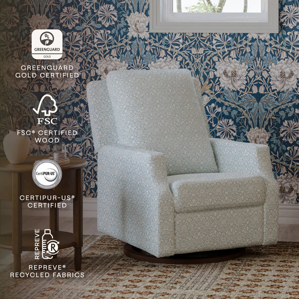 Namesake Crewe Recliner and Swivel Glider in Bellflowers in Powdered Blue w/Dark Wood Base