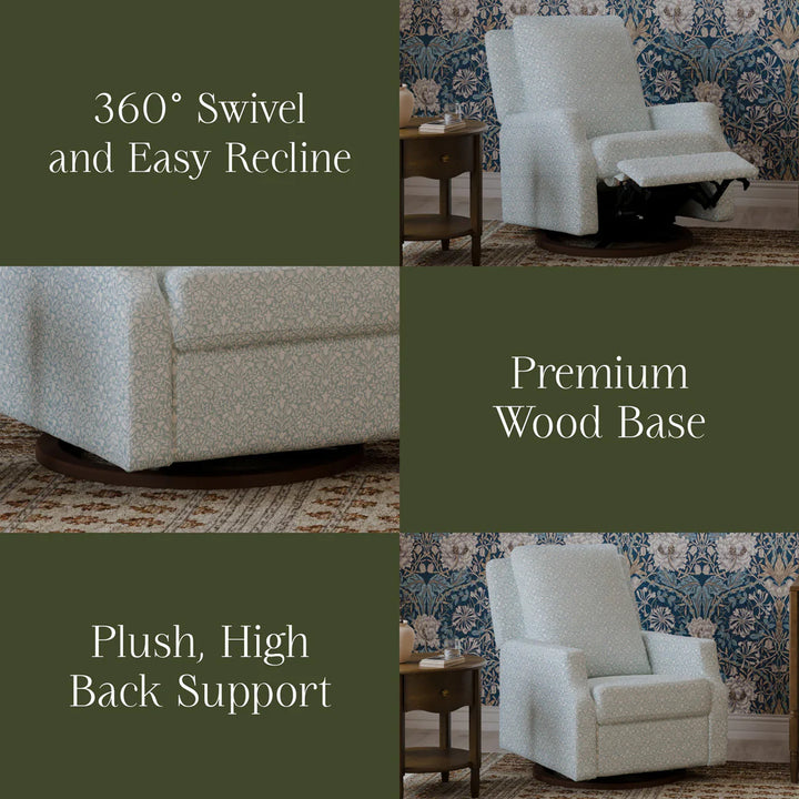 Namesake Crewe Recliner and Swivel Glider in Bellflowers in Powdered Blue w/Dark Wood Base