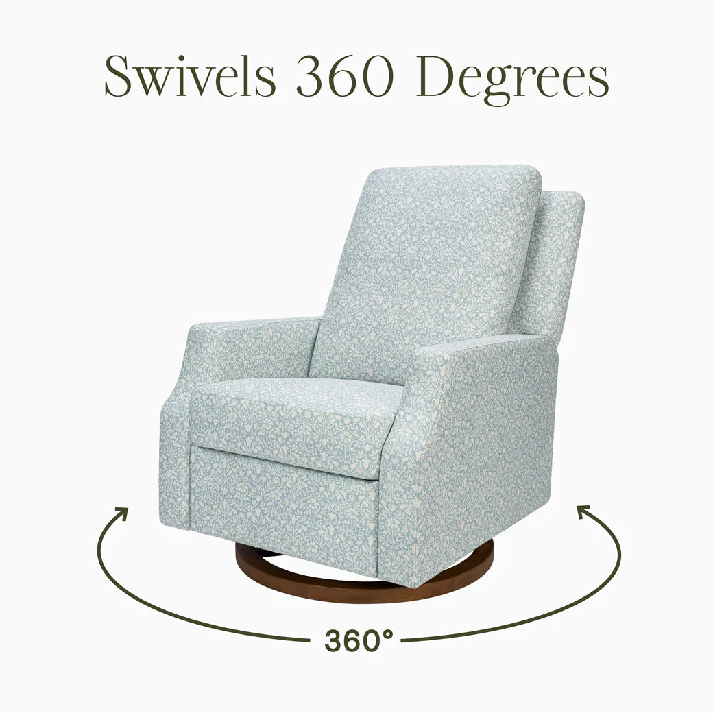 Namesake Crewe Recliner and Swivel Glider in Bellflowers in Powdered Blue w/Dark Wood Base