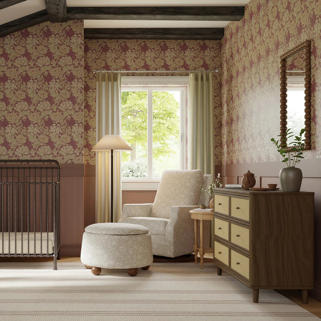 Namesake Crewe Recliner and Swivel Glider- Mallow in Ash Performance Eco-Weave with Dark Wood Base