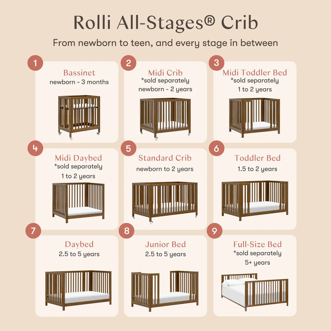 Babyletto Rolli 9-in-1 Convertible All-Stages Crib  to Full Bed with Bassinet & Toddler Bed Kits