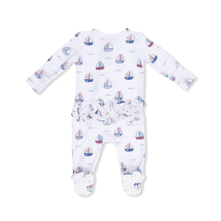 Angel Dear 2 Way Zipper Ruffle Back Footie - Pastel Sailboats