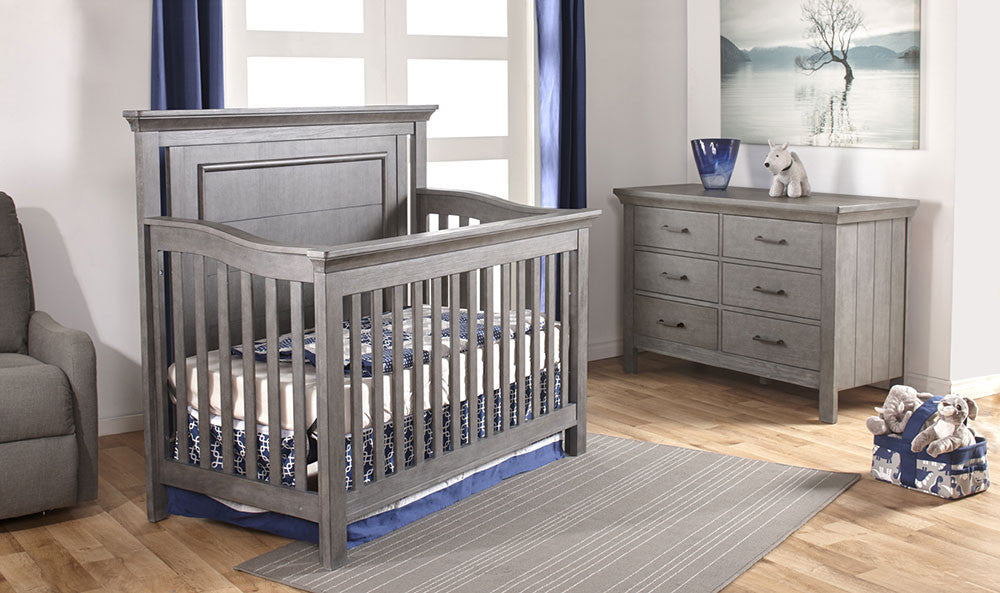 Rustic grey crib and dresser set top