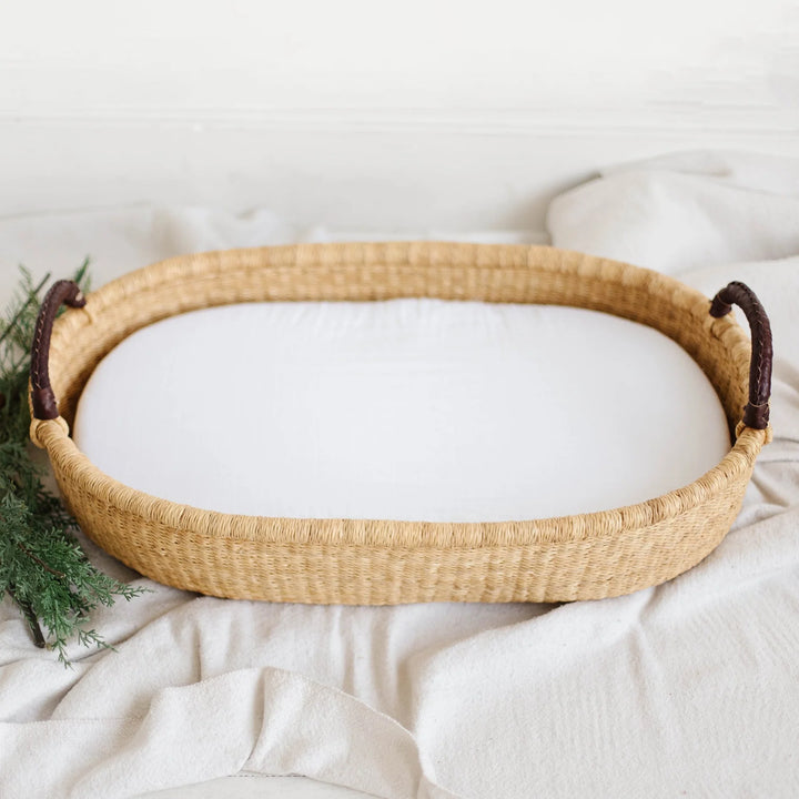 Baby Changing Basket Natural with Cognac Handle